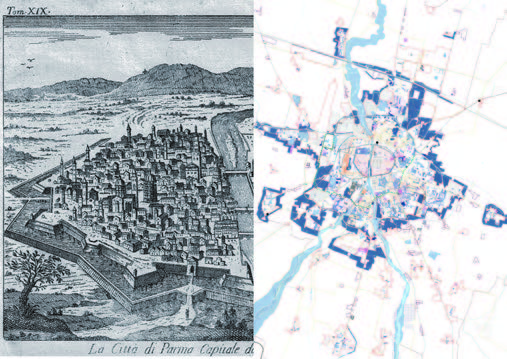 I limiti di Parma nel 1754 e nel 2023, rispettivamente le mura e la cintura verde