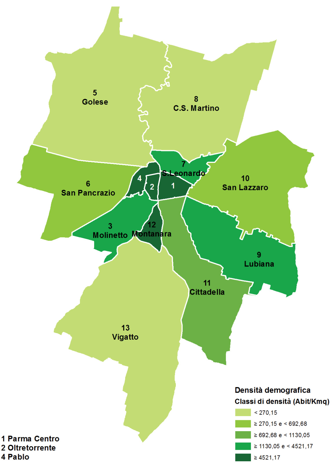 densità demografica per quartiere nel comune di Parma, in toni di verde