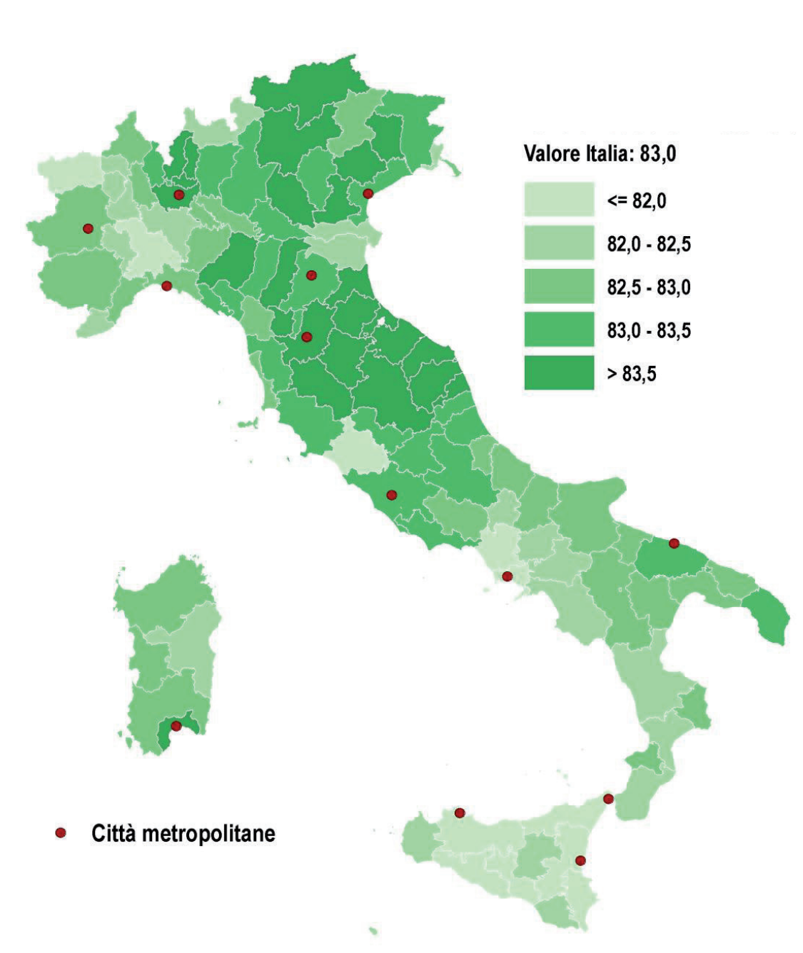 Mappa della speranza alla vita in Italia nel 2018, per provincia.