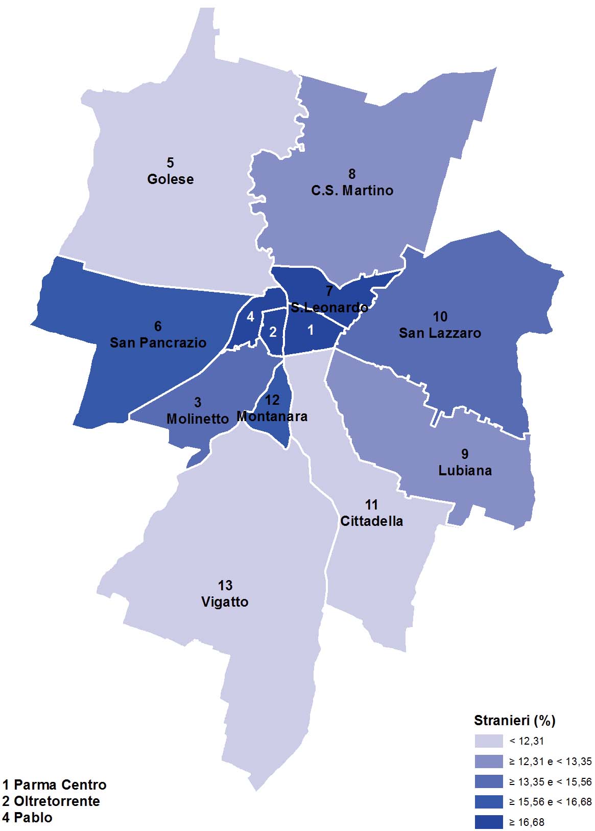 Densità di stranieri residenti nei quartieri del Comune di Parma