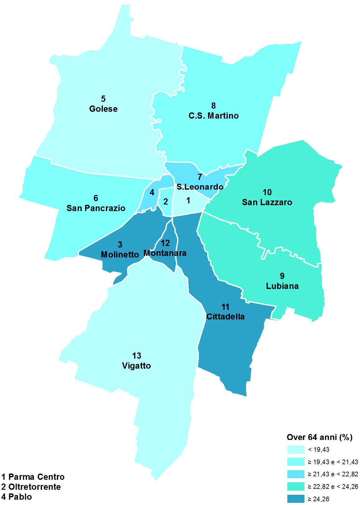 Percentuale di residenti con più di 64 anni di età nei quartieri del Comune di Parma, anno 2020